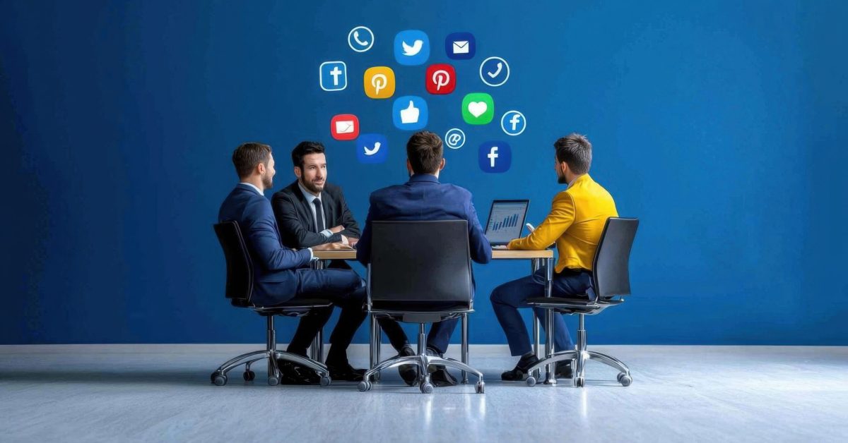 An illustration of a business meeting with social media icons floating above the table